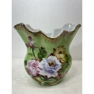 Hand Painted Floral Roses Fine China Green Gold Trim Vintage Grandmacore